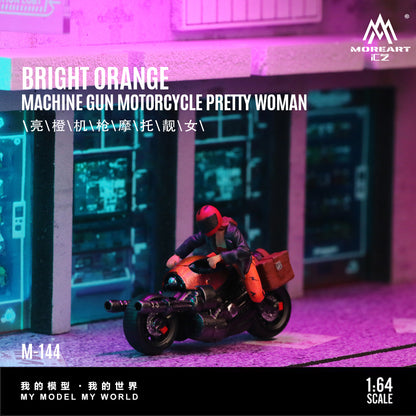 MoreArt 1:64 Bright Orange Machine Gun Motorcycle Pretty Girl Doll Set (1 Motorcycle + 1 Figure)