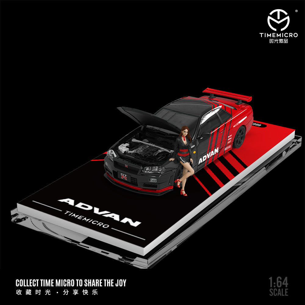 Time Micro 1/64 Hino H300 Flat bed Transport Trailer Truck Extendable Flat Bed Advan Edition + Nissan Skyline GT-R R34 Openable Front Hood Detailed Engine + Model Girl Figure Full Set