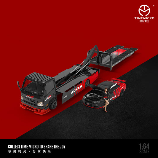 Time Micro 1/64 Hino H300 Flat bed Transport Trailer Truck Extendable Flat Bed Advan Edition + Nissan Skyline GT-R R34 Openable Front Hood Detailed Engine + Model Girl Figure Full Set