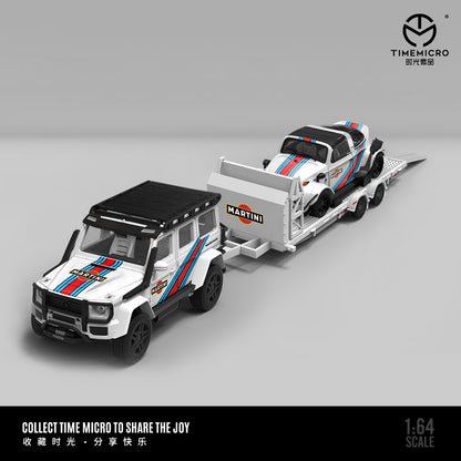 Time Micro 1/64 Car Hauler Trailer Set Martini Edition- Mercedes Benz G-Class G550 & Volkswagen Beetle & Trailer