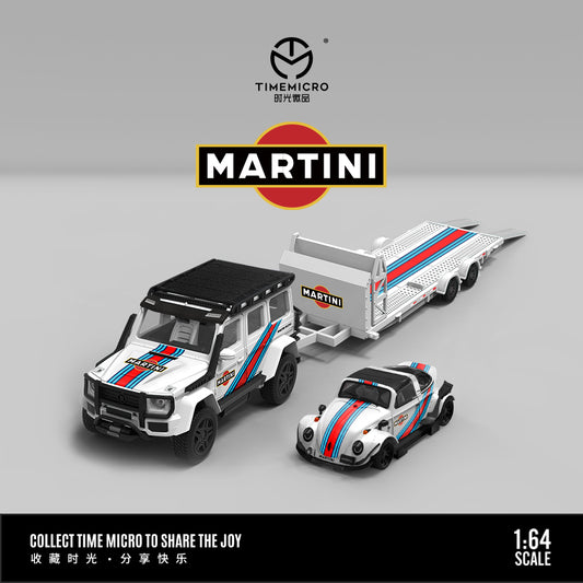 Time Micro 1/64 Car Hauler Trailer Set Martini Edition- Mercedes Benz G-Class G550 & Volkswagen Beetle & Trailer