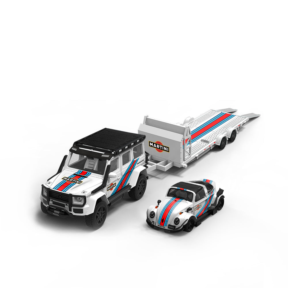 Time Micro 1/64 Car Hauler Trailer Set Martini Edition- Mercedes Benz G-Class G550 & Volkswagen Beetle & Trailer