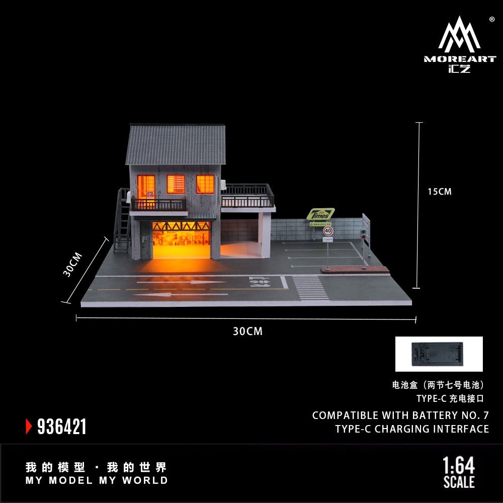MoreArt 1:64 Japanese Auto Repair Shop Scene Model LED Light Diorama