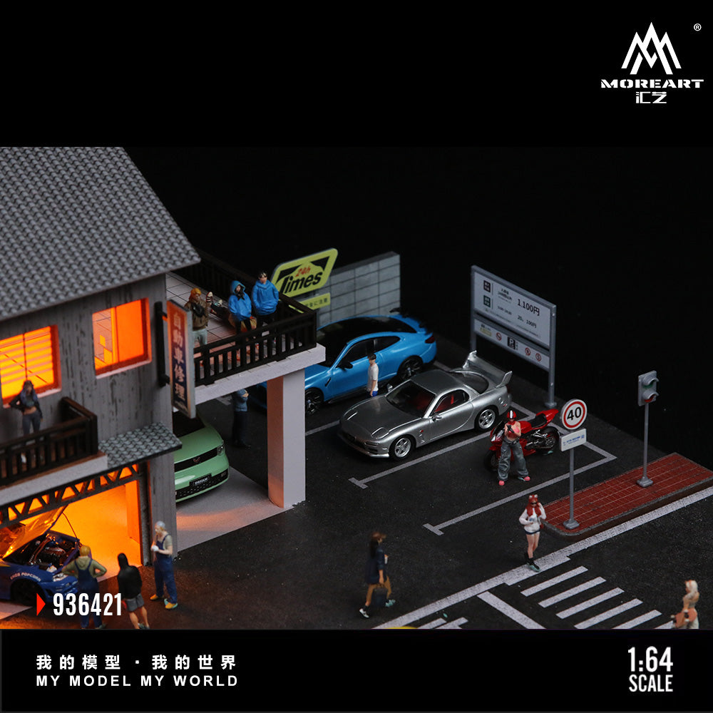 MoreArt 1:64 Japanese Auto Repair Shop Scene Model LED Light Diorama