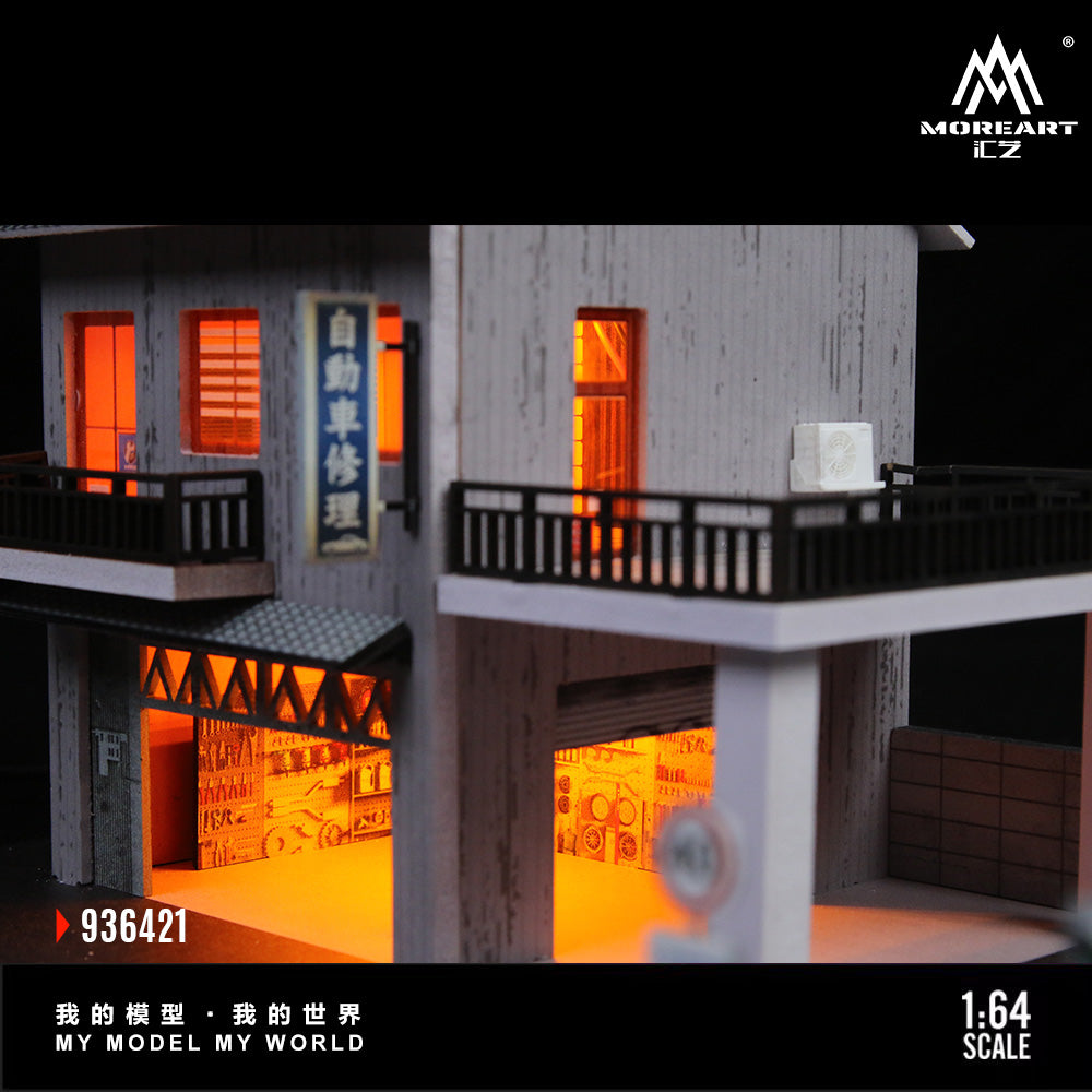 MoreArt 1:64 Japanese Auto Repair Shop Scene Model LED Light Diorama