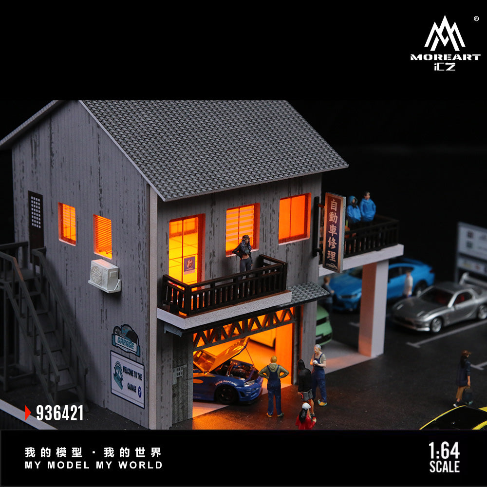 MoreArt 1:64 Japanese Auto Repair Shop Scene Model LED Light Diorama