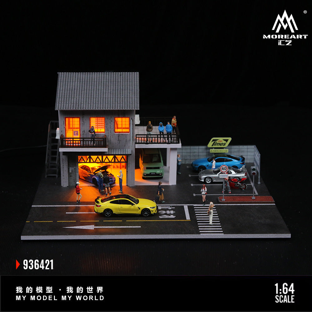 MoreArt 1:64 Japanese Auto Repair Shop Scene Model LED Light Diorama