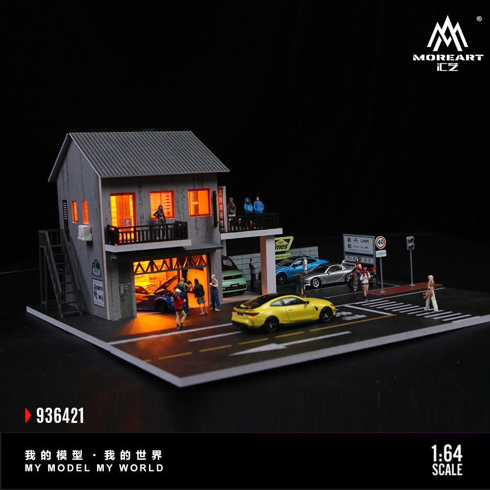 MoreArt 1:64 Japanese Auto Repair Shop Scene Model LED Light Diorama