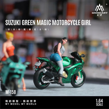 MoreArt 1:64 Suzuki Green Magic Motorcycle Girl Doll Set (1 Motorcycle + 1 Figure)
