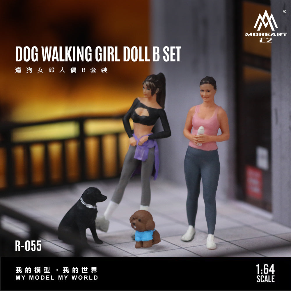 MoreArt 1:64 Dog Walking Girl Doll B Set (2 Women + 2 Dogs Figures Set)