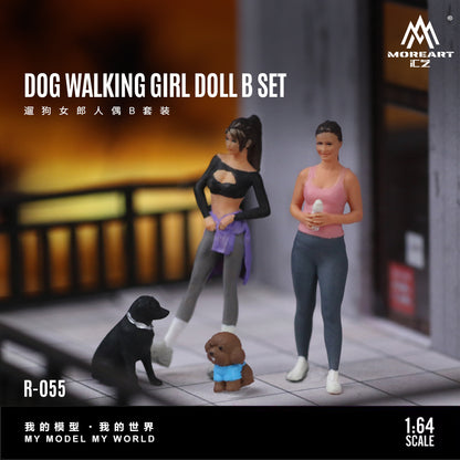 MoreArt 1:64 Dog Walking Girl Doll B Set (2 Women + 2 Dogs Figures Set)
