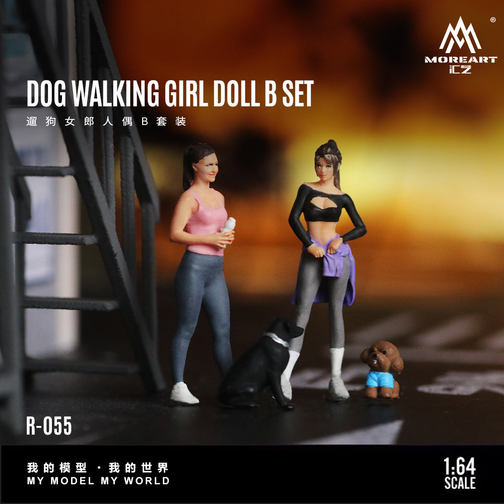 MoreArt 1:64 Dog Walking Girl Doll B Set (2 Women + 2 Dogs Figures Set)