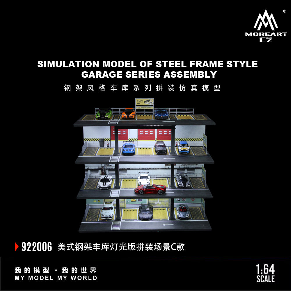 MoreArt 1:64 American Style Steel Frame 4 Levels Garage Parking Lot LED Light Scene Diorama Model