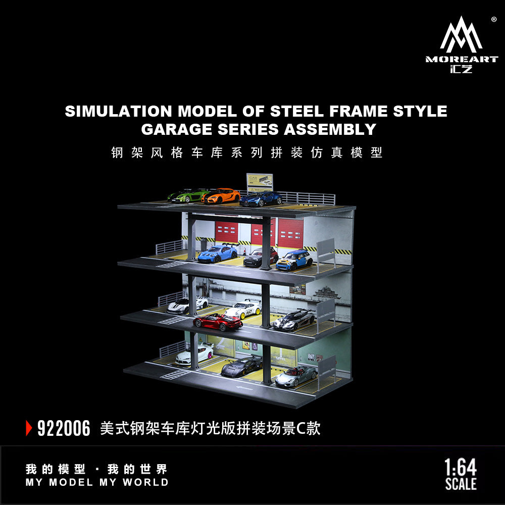 MoreArt 1:64 American Style Steel Frame 4 Levels Garage Parking Lot LED Light Scene Diorama Model