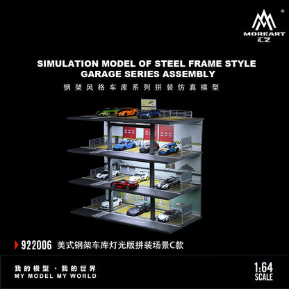 MoreArt 1:64 American Style Steel Frame 4 Levels Garage Parking Lot LED Light Scene Diorama Model