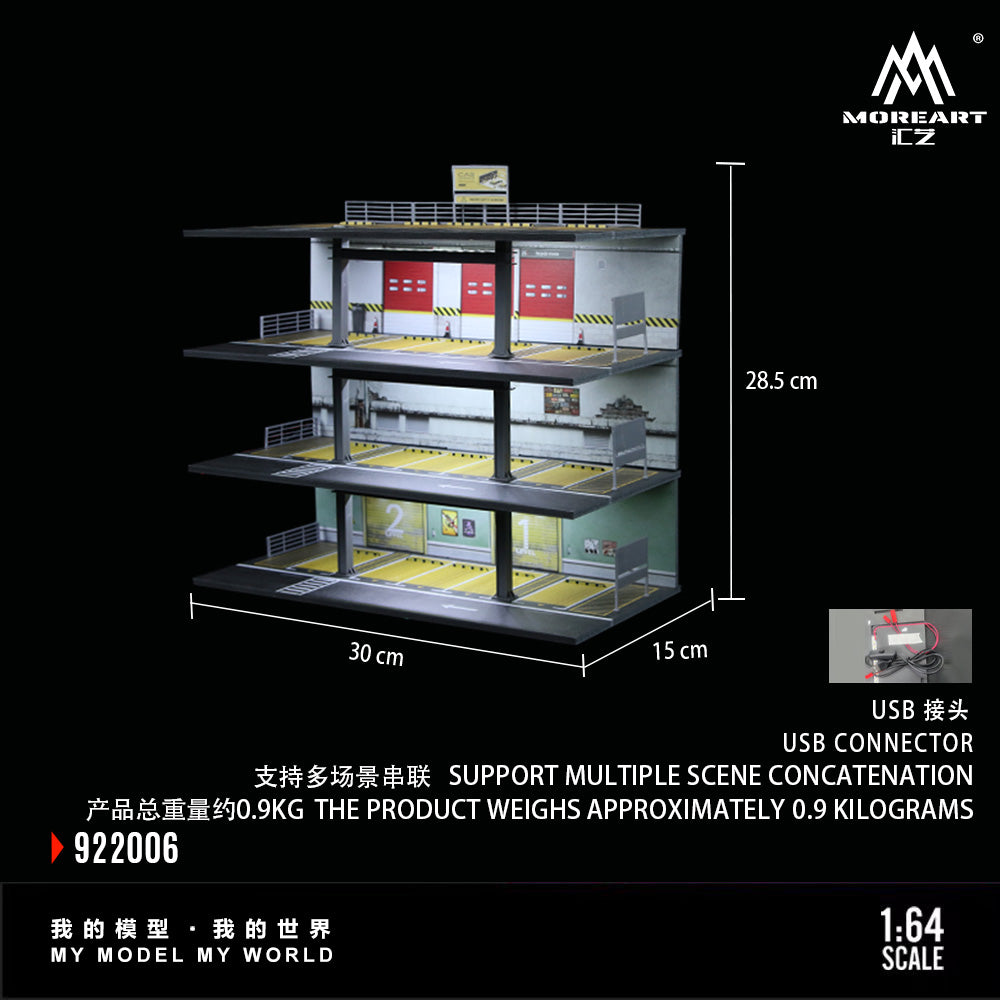 MoreArt 1:64 American Style Steel Frame 4 Levels Garage Parking Lot LED Light Scene Diorama Model
