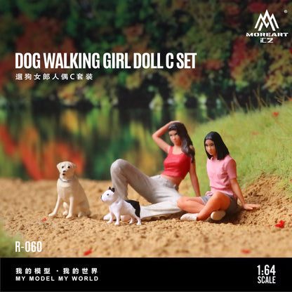 MoreArt 1:64 Dog Walking Girl Doll C Set (2 Women + 2 Dogs Figures Set)