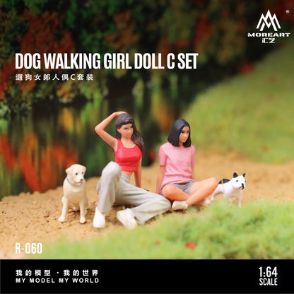 MoreArt 1:64 Dog Walking Girl Doll C Set (2 Women + 2 Dogs Figures Set)