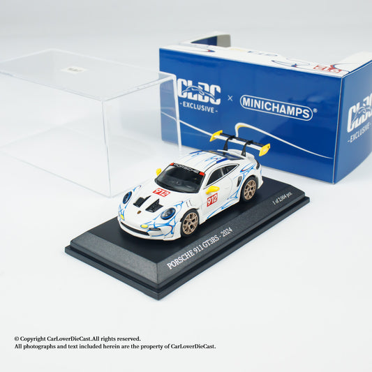 MINICHAMPS 1:64 PORSCHE 911 (992) GT3 RS - 2024 - WHITE W YELLOW ACCENTS  - EXCLUSIVE FOR CLDC
