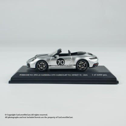 MINICHAMPS 1:64 PORSCHE 911 (992.2) CARRERA GTS CABRIOLET SPIRIT 70 - 2025 - Metallic Silver - EXCLUSIVE FOR CLDC