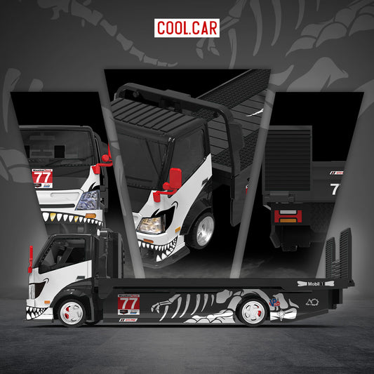 Cool.Car 1/64 Hino H300 Flat bed Transport Trailer Truck Extendable Flat Bed Skeleton Rexy Dinosaur #77