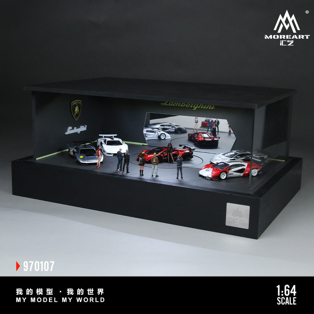 MoreArt 1:64 Lanboghini Rotating Display Booth Scene LED Light Diorama + 1 Showgirl Figure (Rotating Booth is self rotating powered by USB, Please see the rotating effect in the attached video)