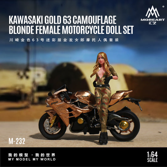 MoreArt 1:64 Kawasaki Gold 63 Camouflage Blonde Female Motorcycle Doll Set (1 Motorcycle + 1 Figure)