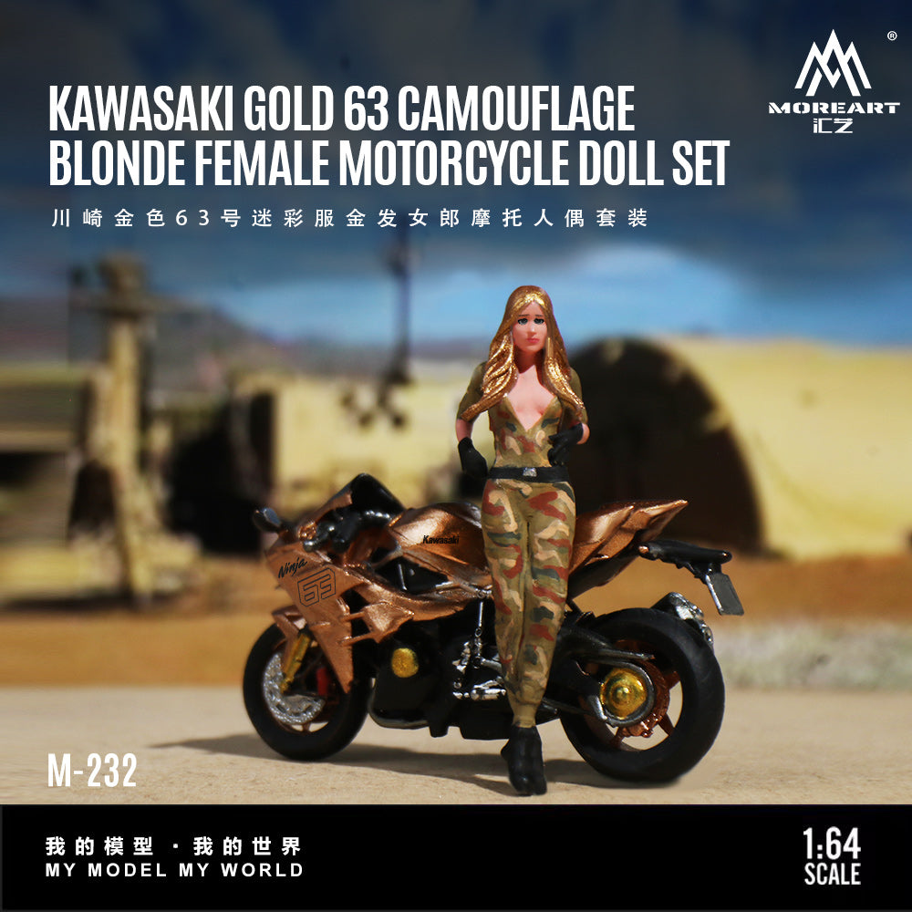 MoreArt 1:64 Kawasaki Gold 63 Camouflage Blonde Female Motorcycle Doll Set (1 Motorcycle + 1 Figure)