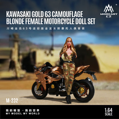 MoreArt 1:64 Kawasaki Gold 63 Camouflage Blonde Female Motorcycle Doll Set (1 Motorcycle + 1 Figure)