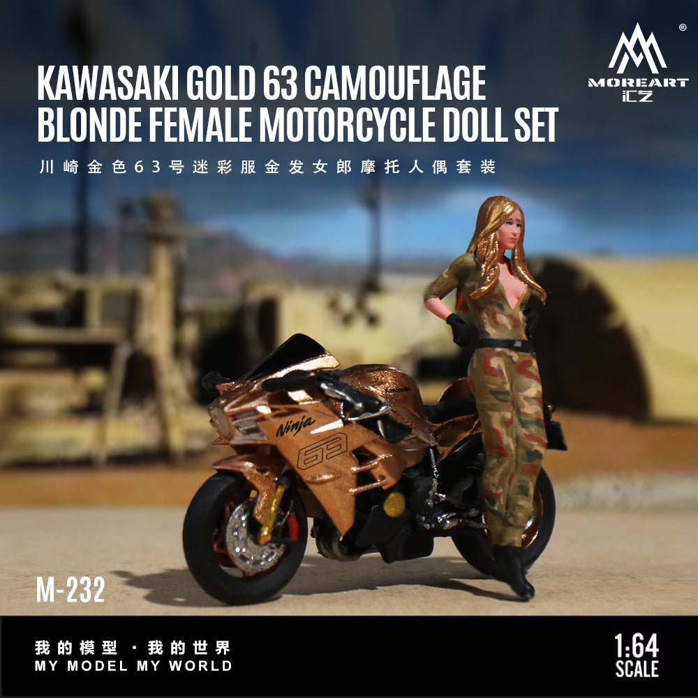 MoreArt 1:64 Kawasaki Gold 63 Camouflage Blonde Female Motorcycle Doll Set (1 Motorcycle + 1 Figure)