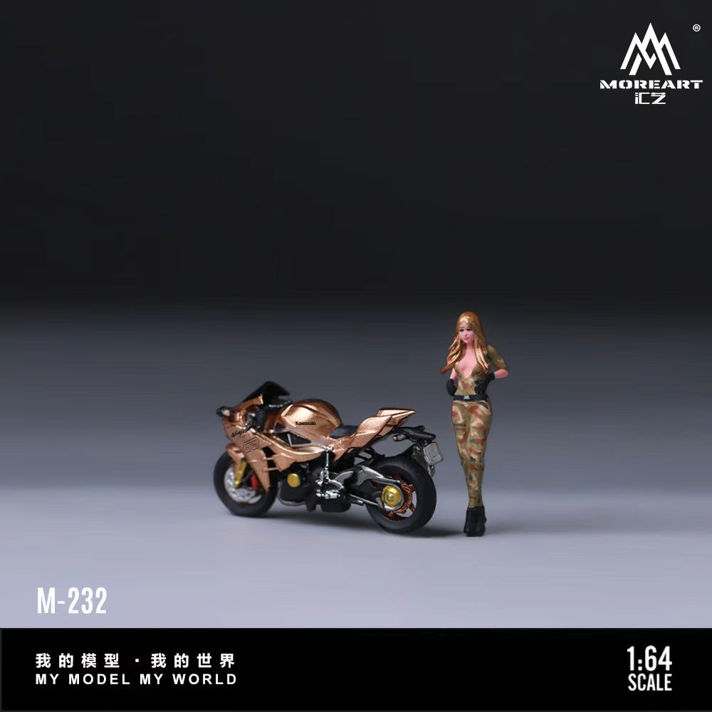 MoreArt 1:64 Kawasaki Gold 63 Camouflage Blonde Female Motorcycle Doll Set (1 Motorcycle + 1 Figure)