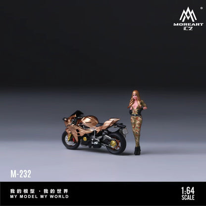 MoreArt 1:64 Kawasaki Gold 63 Camouflage Blonde Female Motorcycle Doll Set (1 Motorcycle + 1 Figure)