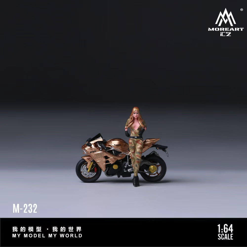 MoreArt 1:64 Kawasaki Gold 63 Camouflage Blonde Female Motorcycle Doll Set (1 Motorcycle + 1 Figure)