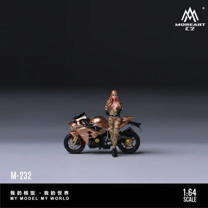 MoreArt 1:64 Kawasaki Gold 63 Camouflage Blonde Female Motorcycle Doll Set (1 Motorcycle + 1 Figure)