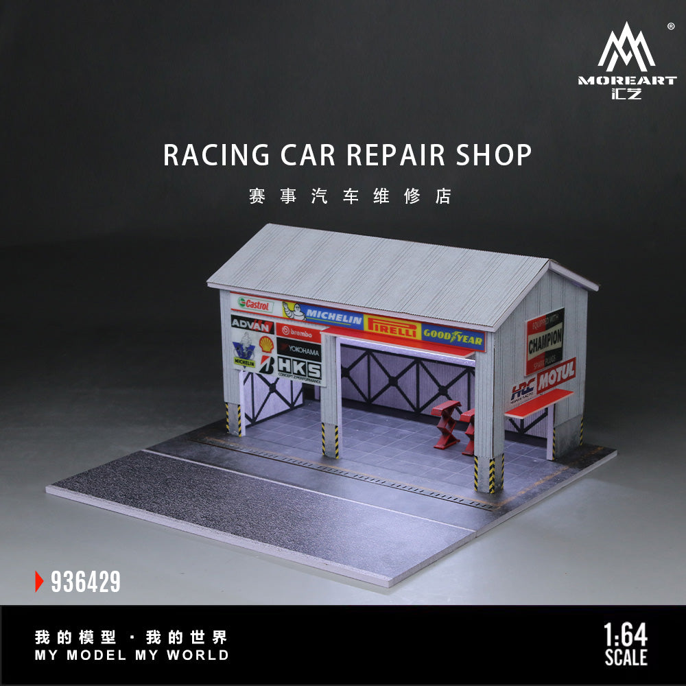 MoreArt 1:64 Racing Car Repair Shop LED Light Diorama with 2 Lifting Machine Parts