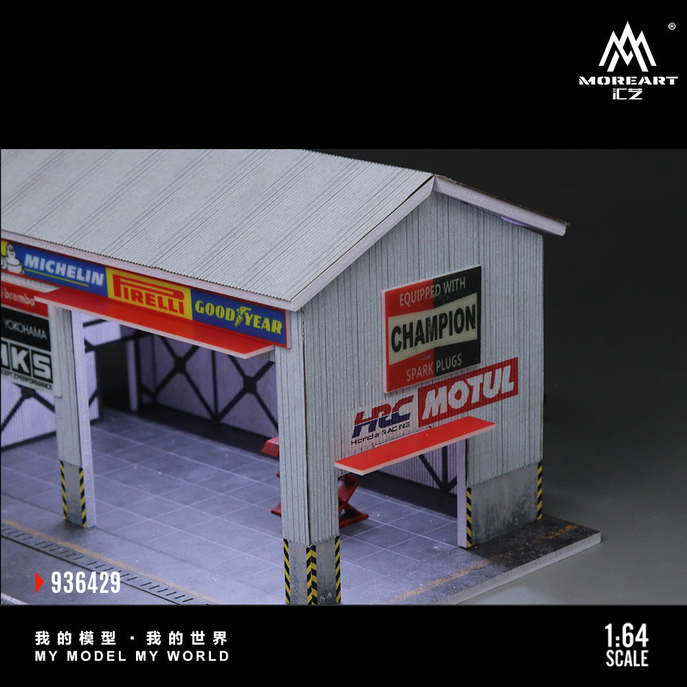 MoreArt 1:64 Racing Car Repair Shop LED Light Diorama with 2 Lifting Machine Parts
