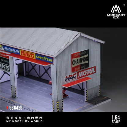 MoreArt 1:64 Racing Car Repair Shop LED Light Diorama with 2 Lifting Machine Parts