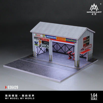 MoreArt 1:64 Racing Car Repair Shop LED Light Diorama with 2 Lifting Machine Parts