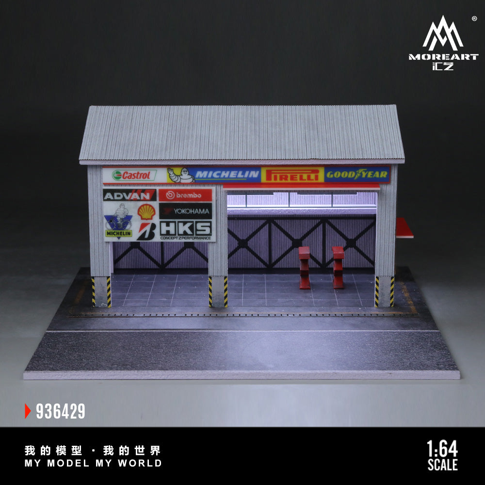 MoreArt 1:64 Racing Car Repair Shop LED Light Diorama with 2 Lifting Machine Parts