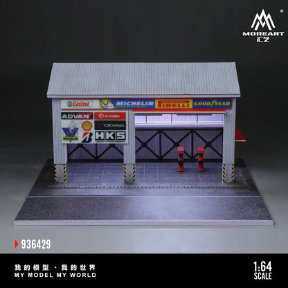 MoreArt 1:64 Racing Car Repair Shop LED Light Diorama with 2 Lifting Machine Parts