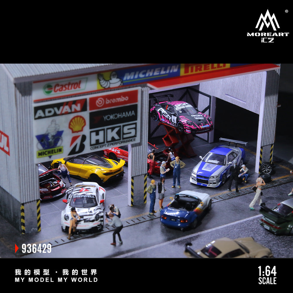 MoreArt 1:64 Racing Car Repair Shop LED Light Diorama with 2 Lifting Machine Parts