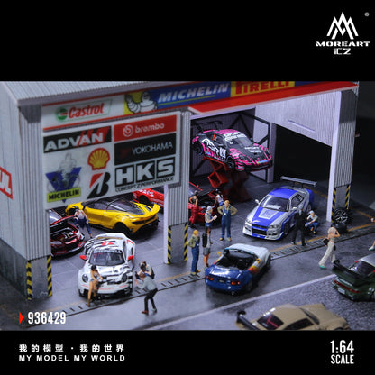 MoreArt 1:64 Racing Car Repair Shop LED Light Diorama with 2 Lifting Machine Parts