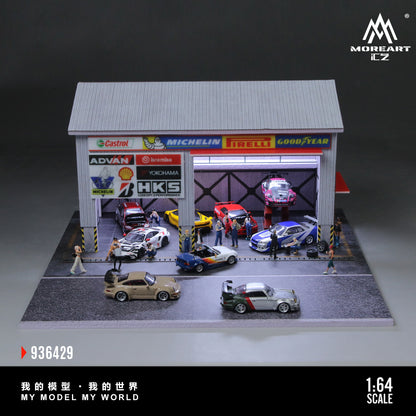 MoreArt 1:64 Racing Car Repair Shop LED Light Diorama with 2 Lifting Machine Parts