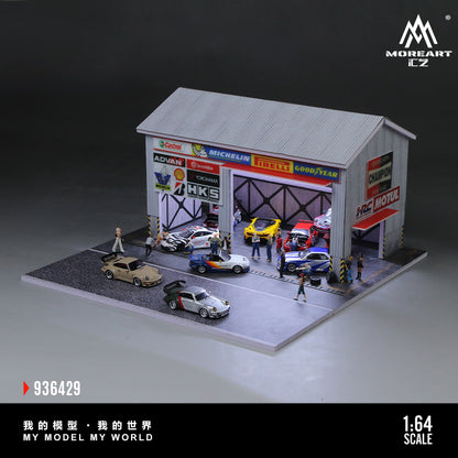 MoreArt 1:64 Racing Car Repair Shop LED Light Diorama with 2 Lifting Machine Parts