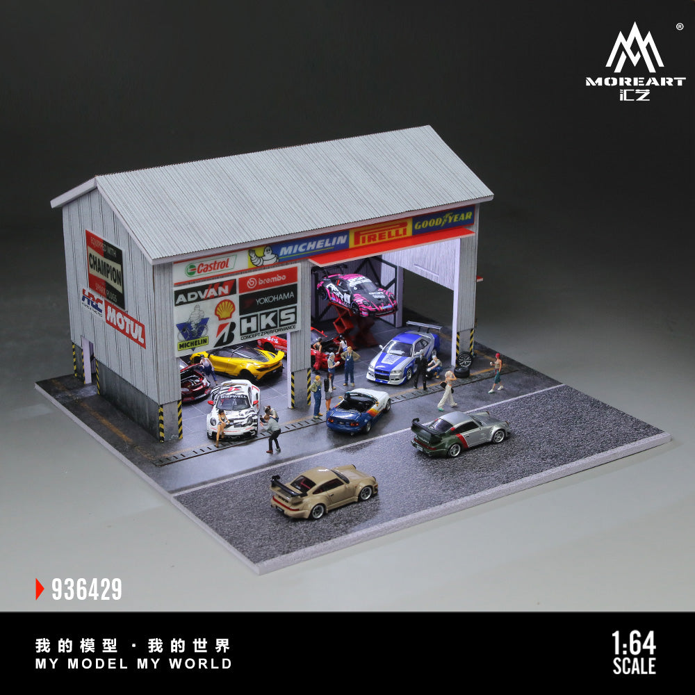 MoreArt 1:64 Racing Car Repair Shop LED Light Diorama with 2 Lifting Machine Parts