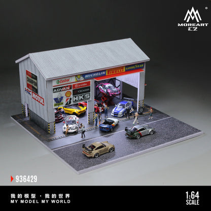 MoreArt 1:64 Racing Car Repair Shop LED Light Diorama with 2 Lifting Machine Parts