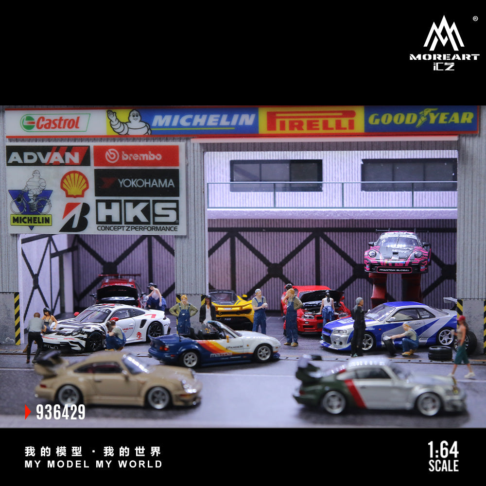 MoreArt 1:64 Racing Car Repair Shop LED Light Diorama with 2 Lifting Machine Parts