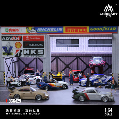 MoreArt 1:64 Racing Car Repair Shop LED Light Diorama with 2 Lifting Machine Parts