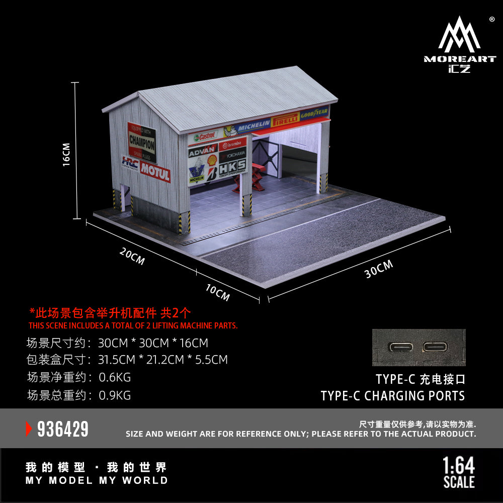 MoreArt 1:64 Racing Car Repair Shop LED Light Diorama with 2 Lifting Machine Parts