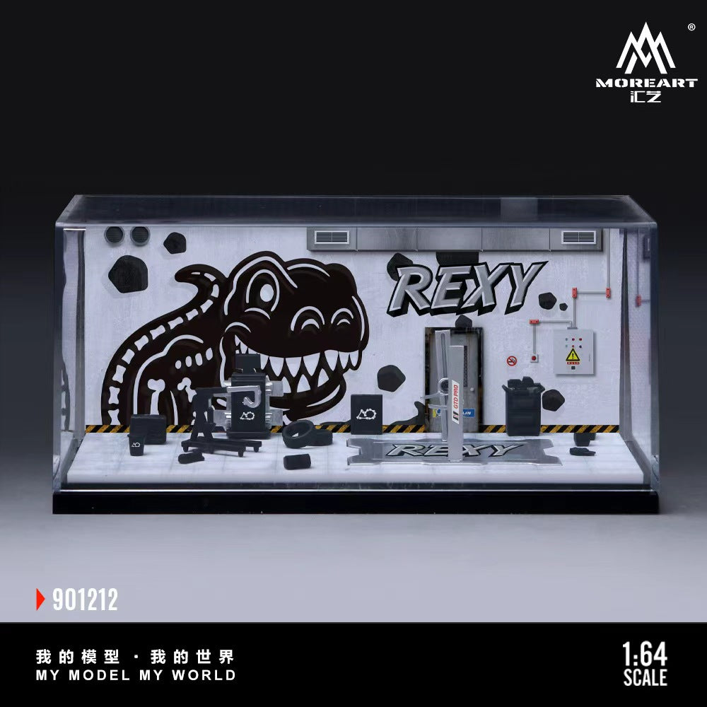 MoreArt 1:64 Bone Dragon Skeleton Rexy Painting and Maintenance Room Repair Garage Diorama in Acrylic Case (Included Lift x1 Tools x 11  Wheels x 2)